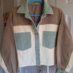 BiBi Colorblock Cropped Corduroy Jacket  Brown/Sage/Ivory